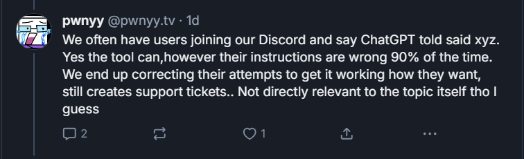 Bluesky post from user pwnyy discussing issues with Discord users and ChatGPT instructions, causing support tickets. 