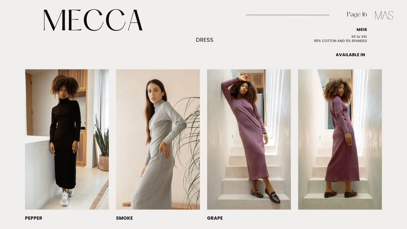 A fashion catalog page, with the MECCA dress available in three colors: Pepper, Smoke, and Grape. The first image shows a model wearing the dress in Pepper, a black color, standing indoors. The second image features a model in the Smoke color, a light gray shade, posing against a wall. The third and fourth images show a model wearing the dress in Grape, a purple hue, posing on a staircase.