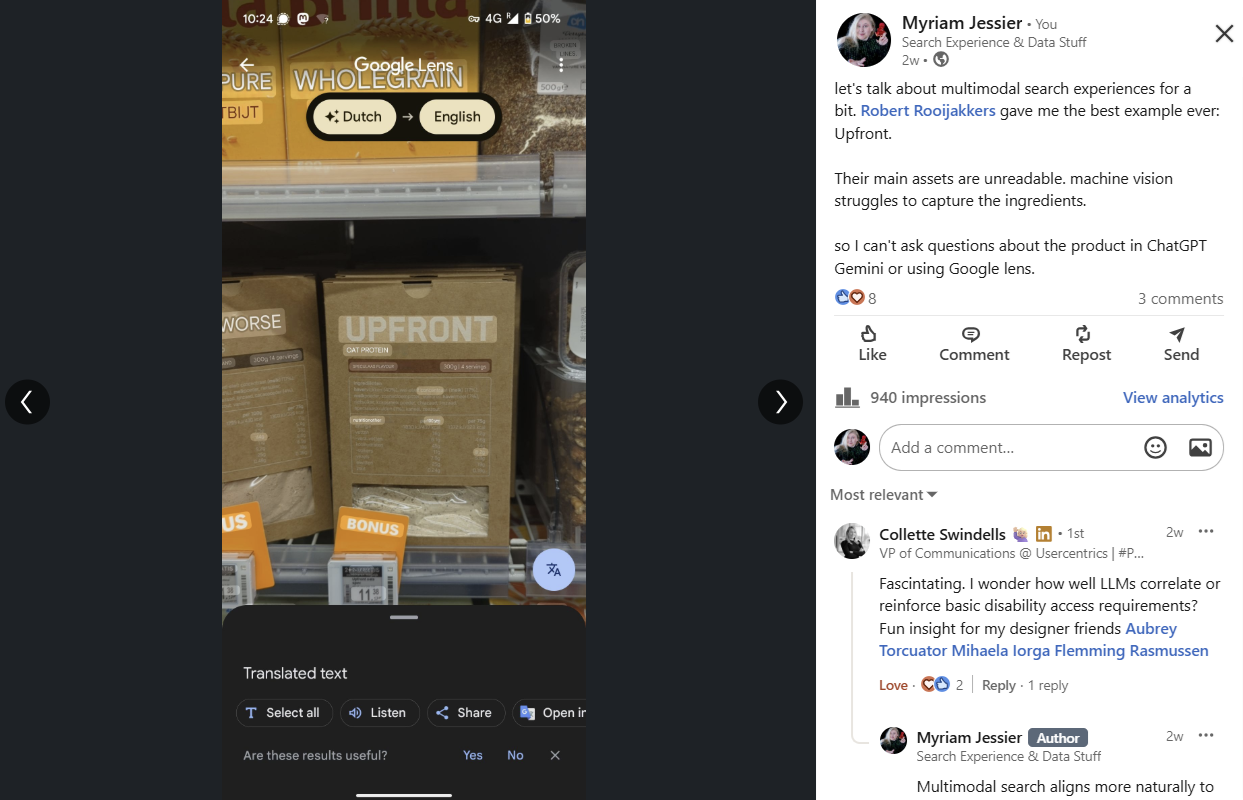 Packages labeled "Upfront" and "Not Worse" on a shelf. Google Lens translation from Dutch to English visible. Bonus tags on packages.