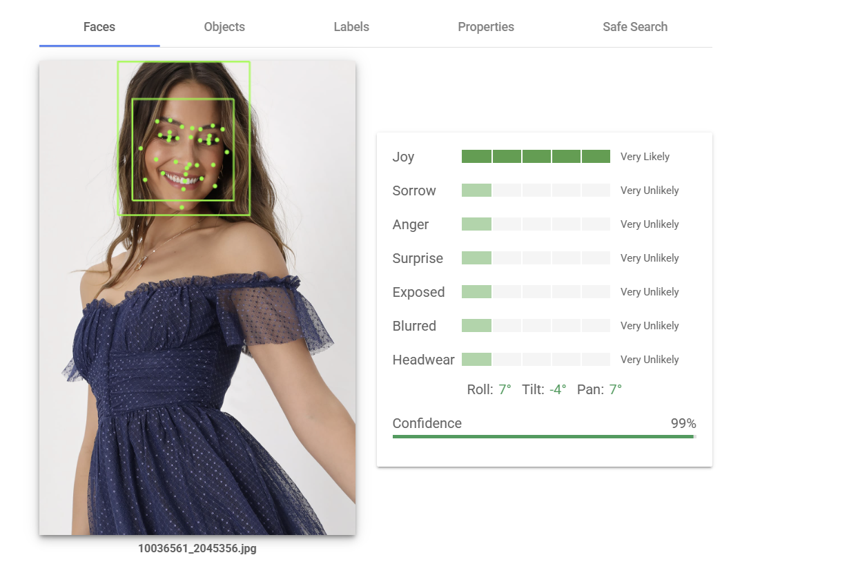 A woman in a navy blue off-shoulder dress smiles, with face detection markers overlaid. Emotion analysis chart shows high joy likelihood.