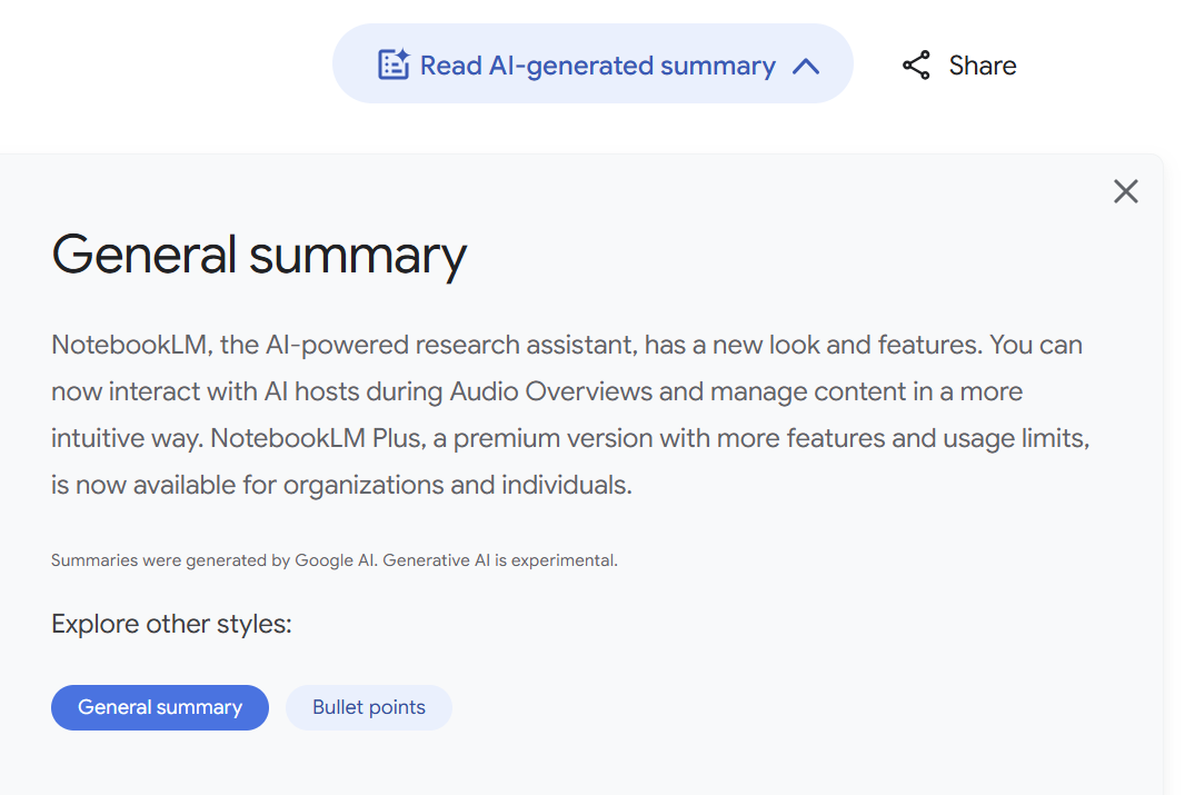 Text on a webpage describes updates to NotebookLM, an AI research tool. Includes options to view summaries in different styles.